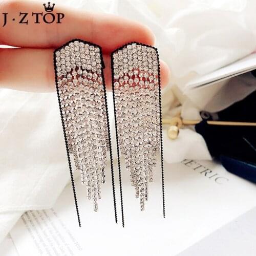 JZTOP Exaggerate Metal Full Rhinestone Long Tassel Earrings For Women Shiny Crystal Dangle Earring Female Wedding Jewelry Brinco