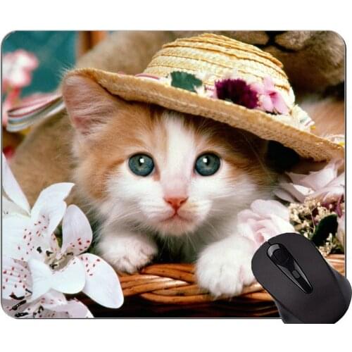 Mouse Pad with Stitched Edge,Kitten Teddy Bear animal cat flower Non-Slip Rubber Base Mousepad