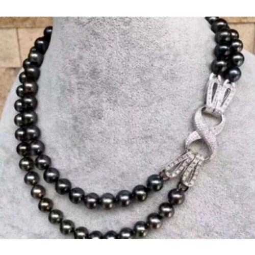 Beautiful 2row 9-10mm tahitian round black green pearl necklace 18"-19"