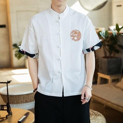 #8112 White Black Blue Cotton Linen Short Sleeve Shirt Men Embroidery Chinese Style Mandarin Collar Mens Shirts Regular Fit 5XL