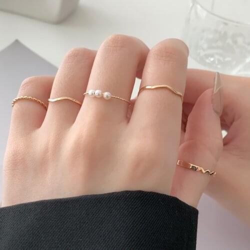 5pcs/set Gold Silver Color Round Pearl Rings Set For Women Fashion Open Finger Rings joint tail Ring Female Jewelry