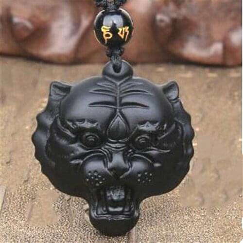 Natural Black Jade Obsidian Tiger Head Pendant Beads Necklace Carved Amulet Fashion Charm Gifts for Women Men