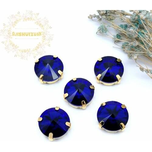 New product Satellite Sapphire blue Crystal Glass Sewing Rhinestones with gold Claw DIY Wedding Dresses