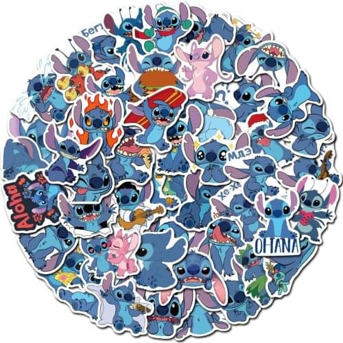 Original Disney Stitch Stickers 50 Pcs Non-repeat Anime Peripheral Waterproof Luggage Fridge Magnet Reusable for Kids Toys