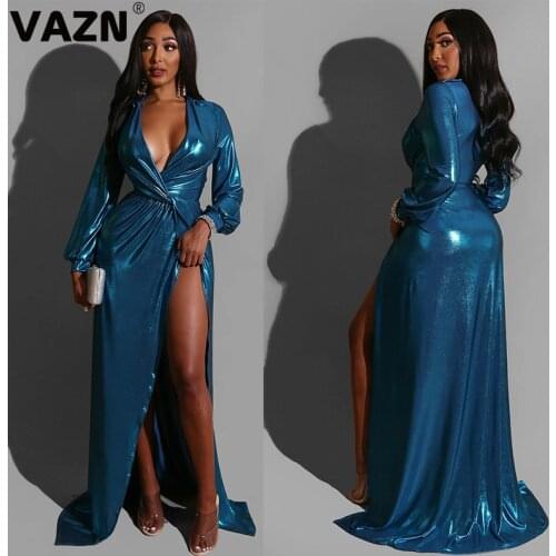 VAZN Blue Autumn Formal V-neck A-line Party Vintage Night Club Sexy Slim Young Dress 2020 Long Sleeve dress Women Dress