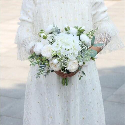 SESTHFAR Green&White Bridal Bouquets Roses Eucalyptus Brides Hand Holding flowers Artificial Big Wedding Bouquet