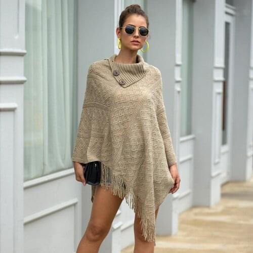 Sweaters For Women Pullover 2021 Tassel Cloak Shawl Button Turn Down Collar Diamond Plaid Ladies Sweater Winter MMY319231