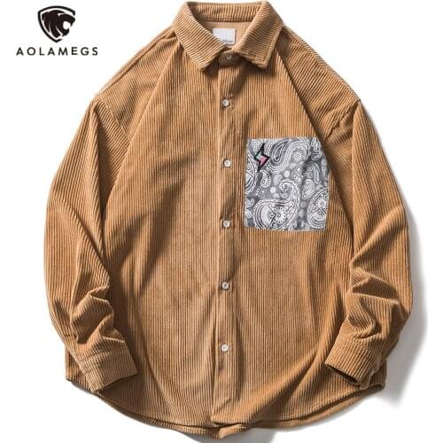 Aolamegs Mens Shirts Cashew Flowers Printed Corduroy Shirts For Men Casual Harajuku Streetwear Vintage Long Sleeve Men Clothing