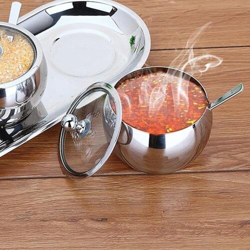 Stainless Steel Sugar Bowl Seasoning Jar Condiment Pot Spice Container Canister Cruet With Lid Spoon Kitchen Tools Gadgets Can