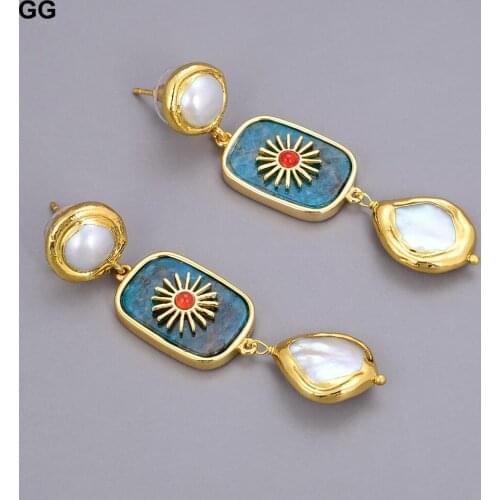 GuaiGuai Jewelry Natural Freshwater White Keshi Pearl Natural Blue Apatites Rising Sun Glod Plated Pearl Stud Earrings For Women