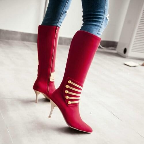 Fall Winter Womens Stiletto Heel Pointed Knee Boots Fashion Street Metal Rivet Boots Color matching Suede Womens Shoes