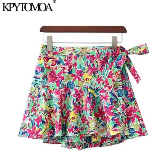 KPYTOMOA Women Chic Fashion Floral Print Bow Tie Shorts Skirts Vintage Elastic Waist Side Zipper Female Short Pants Pantalones