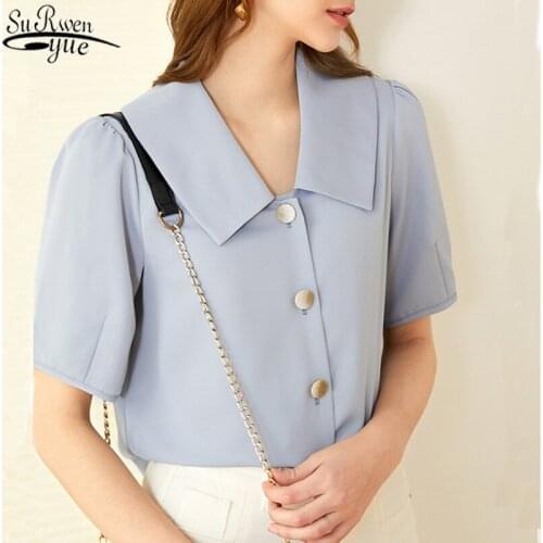 Loose Short Sleeve Women Blouse Solid Chiffon Blouse Slim Blusas Korean Top Single-Breasted Chic Office Lady Clothing 10287