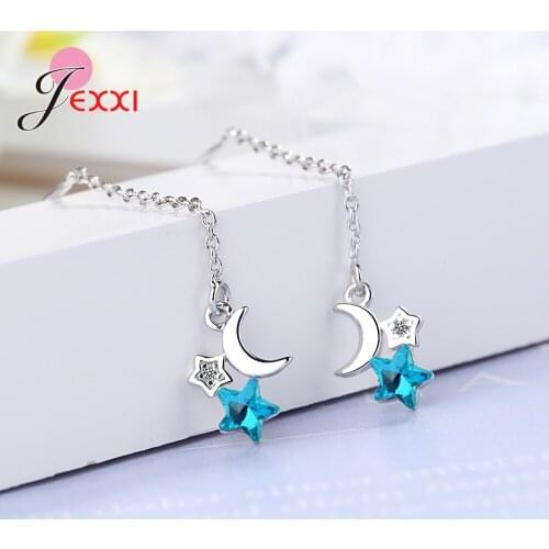 Temperament Blue Crystal Star Moon Long Tassel Earring 925 Sterling Silver Wave Chain Dangle Pendientes for Women