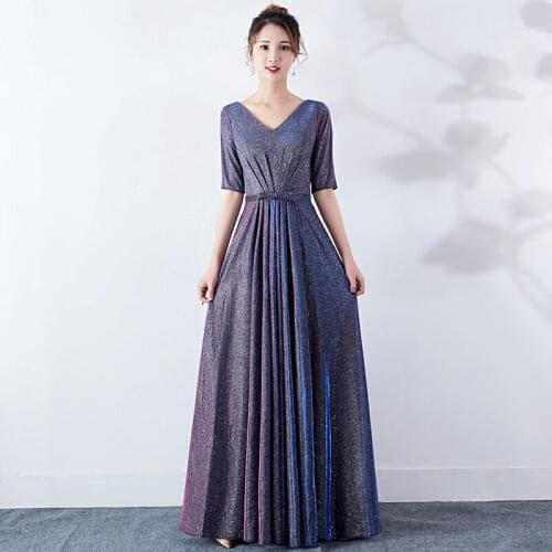 Sequins V-Neck Evening Dress Elegant Lace Up Simple A-Line Empire Floor-Length Half Sleeves New Woman Formal Party Gowns A1336