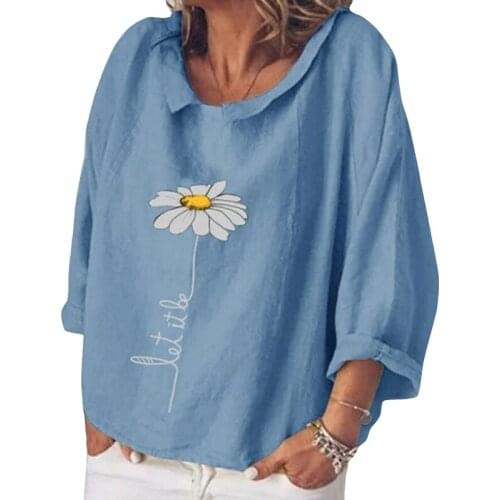 2020 Linen Cotton Women Dasiy Printed Lapel Collar Loose Blouse Autumn Loose Casual Top Ladies Clothes Female Outside Shirts