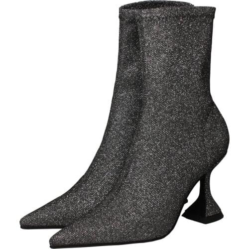 2021 New Bling Bling Strange High Heels Women Elastic Boots Streth Fabric Pointed Toe Sexy Sock Boots Ladies Ankle Boots 8.5Cm