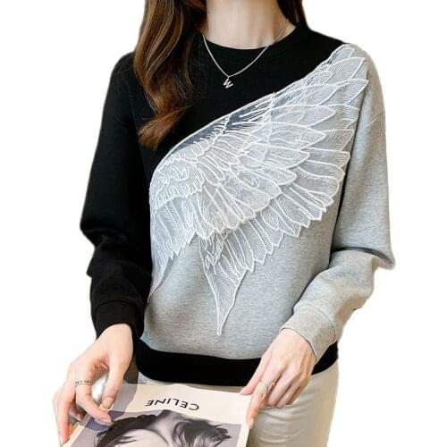 Autumn New Women Fashion patchwork embroidery wing Contrast Color O-Neck Long Sleeve pullover plus size loose casual Sweatshirts