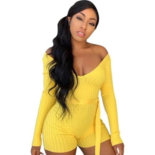 2021 Spring Women Jumpsuit Knit Ribbed Bandage Full Sleeve Short Rompers Womens Jumpsuit Outfit Soild Color