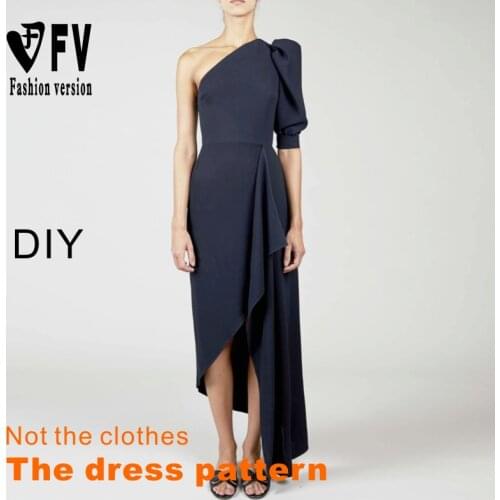 Sewing pattern womens stretch fabric long style oblique shoulder dress 1:1 garment structure drawing BLQ-572