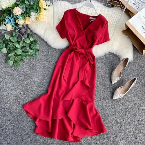 Womens Casual Wear 2019 Summer Short Sleeve Solid Trumpet Dress Ladies Sexy V Neck Bandage Dresses White Vestidos Mujer
