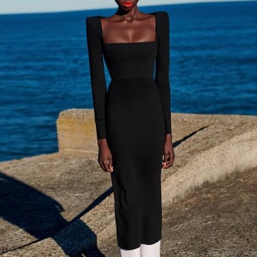 Celebrity Bandage Dress Black Sexy Square Collar Full Sleeves Mid Dress 2020 Vintage Elegant Women Evening Party Dress