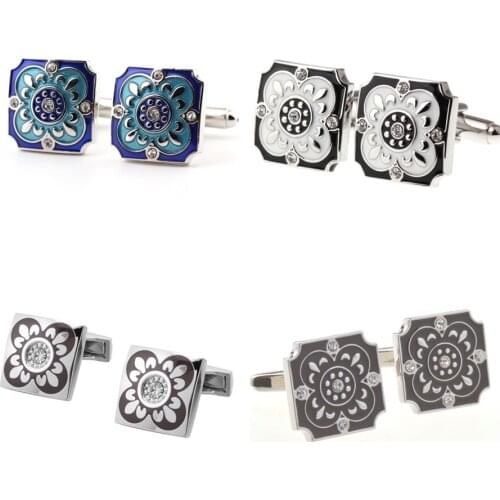 10pairs/lot Vintage Blue/Black Enamel Rome Flower Pattern Cufflinks Business Crystal Cuff Link Mens Jewelry Accessory Wholesale