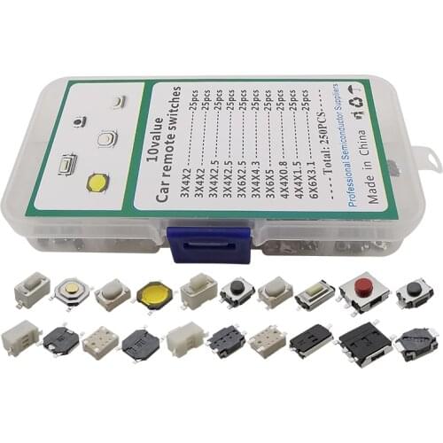 250Pcs/Box 10 Models Car Remote Control Key Touch Switches Micro Momentary Tact Tactile Push Button Switch Assortment Kit