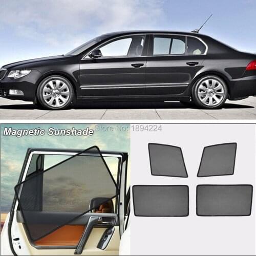 Car Full Side Windows Magnetic Sun Shade UV Protection Ray Blocking Mesh Visor For Skoda Superb 2009-2014