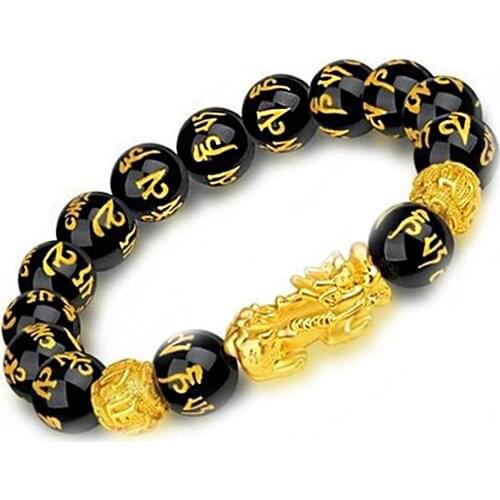 Obsidian Stone Beads Bracelet PixiuWealth and Good Luck Men Women Unisex Wristband Chain Gold Black Women Bracelets Gift