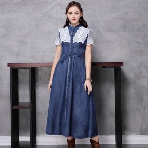 Brand 2020 summer new belt denim retro lace collar slim dress long a82216