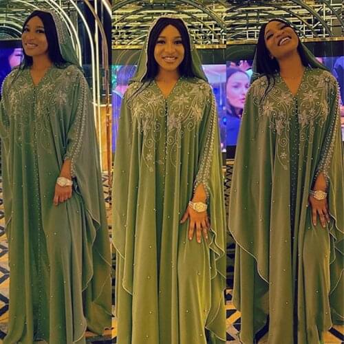 DOIB African Dresses for Women Chiffon Plus Size Dashiki Diamond Beads Boubou African Abaya Dubai Muslim Dress Robe