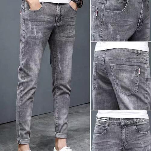 Summer thin jeans mens slim fit small feet Korean HK fashion 2021 mens leisure fashion brand stretch pants blue bleached jeans