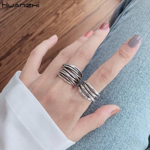 HUANZHI 2020 Irregular Multilayer Vintage Tibetan Silver Opening Ring Minimalist Punk Style Cool Guy Jewelry for Women Men Gifts