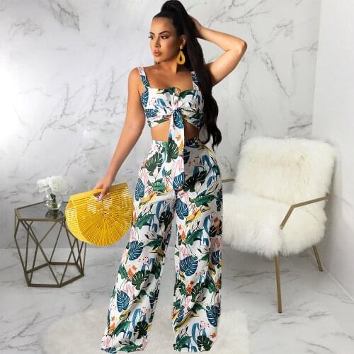 Tropical Printed 2 Two Piece Pant Suit Women Summer Clothes Sleeveless Tank Tops and High Waist Wide Leg Pant Beachwear Outfits