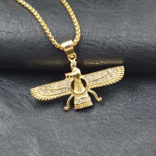 Gold color Faravahar Ahura Pendant Necklace Stainless Steel with zircon Jewelry Ahura Zoroastrian Achaemenian Pendant Iranian