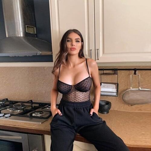 Hot Top Fashion New Style Erotic Underwear Sexy Mesh Perspective Suspender Black Wave Dot Bodysuit Tempts Womens