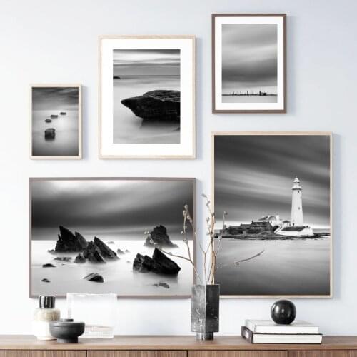 Lighthouse Island Stone Sea Beach Wall Art Canvas Painting Black White Nordic Posters And Prints Wall Pictures For Living Room