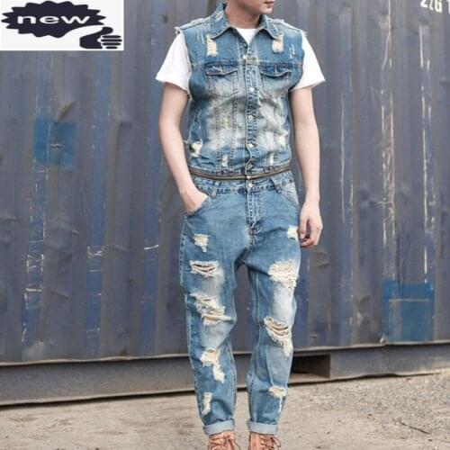 Mens Personality Removable Zipper Waist Jumpsuit Hole Ripped Jeans Sleeveless Romper Washed Denim Overalls Pants Trousers 2XL