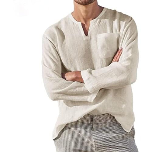 Men Shirt Solid Long Sleeve White Gray Linen Shirt With Pocket Sexy Mens Clothing For Loose Casual Pullovers Man Blouse Clothing
