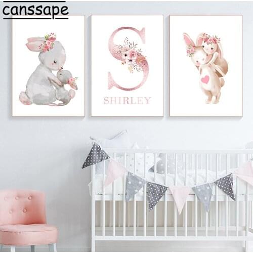Rabbit Wall Painting Custom Name Canvas Prints Bunny Art Print Baby Poster Nordic Wall Pictures For Girl Bedroom Decoration