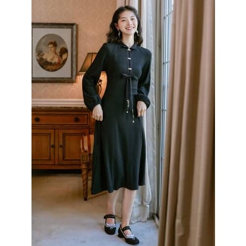 2020 new fashion womens clothing sweater dress Vintage Turn-down Collar Full women dress