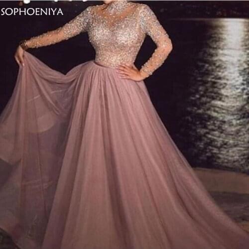 New Arrival Long sleeve muslim evening dress abendkleider dubai 2021 Robe musulmane soiree Lace Beading Evening gown