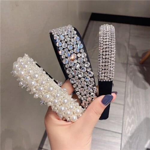 Luxury Rhinestone Pearl Beaded Hairbands Turban For Female Top Quality European Wide Hand Made Bling Crystal Row Headbands Crown