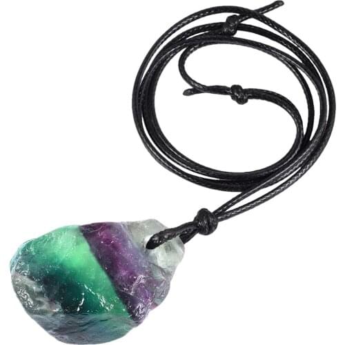 Natural Irregular Fluorite Stone Pendant Necklace with Waxed Cord,Rainbow Fluorite Crystal Quartz Healing Energy Jewelry