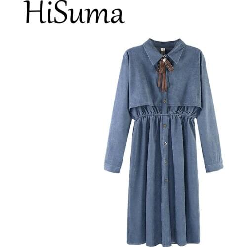 HISUMA Spring Autumn Women Turn-Down Collar Long Sleeve Pleated Ruffles Dress Elegant Lady Elastic Slim Waist Party Midi Dresses