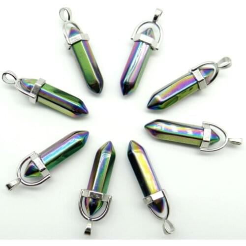 Wholesale 24pcs Natural stone Titanium Crystal pendant Hexagonal Column Pendant DIY Jewelry making Necklace key chain earrings