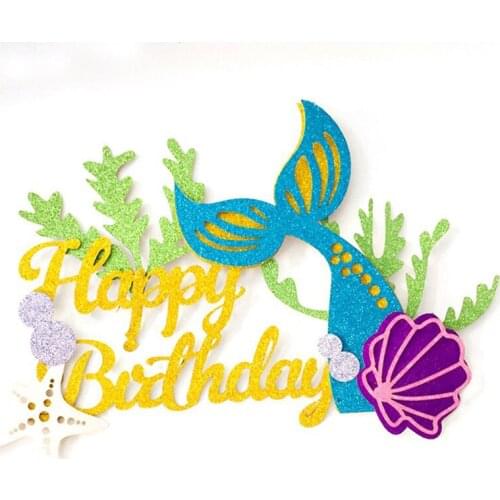 Mermaid Happy Birthday Cake Topper Gliiter Mermaid Tail Cupcake Topper For Baby Shower Girls Birthday Party Cake Decorations