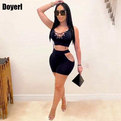 Sexy Summer Two Piece Short Set for Women Party Club Outfits Matching Sets Lace Up Crop Top Shorts 2 Piece Sets Womens Outfits