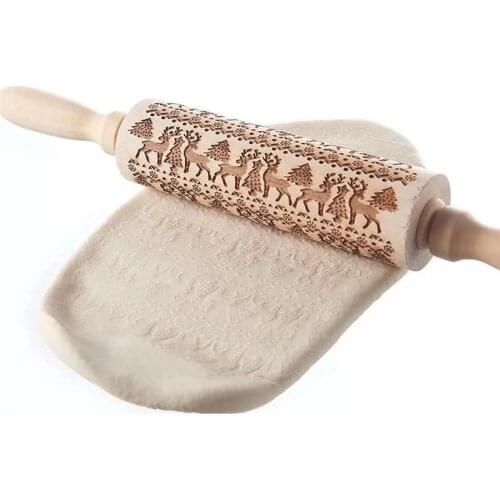 Christmas Embossing Rolling Pin Baking Cookies Biscuit Fondant Cake Dough Engraved Roller Reindeer Snowflake Star Christmas Tree